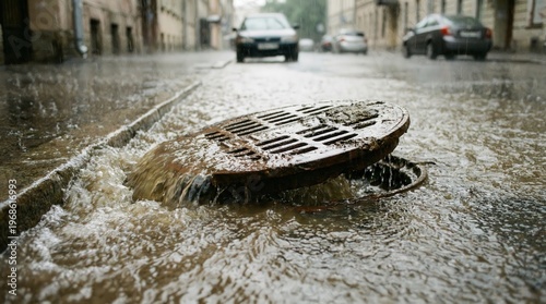 economy infrastructure crisis concept. Overflowing manhole cover on a wet street with water gushing out on a rainy day.