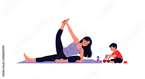 Vector flat design illustration of a mother practicing yoga while her child plays with toys nearby, promoting healthy