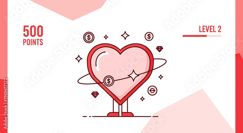Heart Character with Coins and Diamonds, Level 2 Points, Gamification Concept
