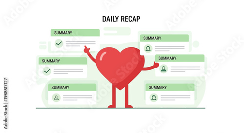 Heart Character with Daily Recap Summaries and Checkmarks