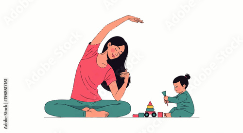 Vector flat design illustration of a mother doing yoga while her child plays with colorful blocks, promoting healthy
