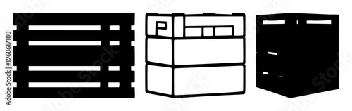 Stackable crate icon set with single solid black symbol on white background featuring logistics, shipping, warehousing with crate, pallet and storage and supply chain