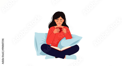 Vector flat design illustration of a young woman relaxing with a book and hot drink on a pillow, enjoying a peaceful