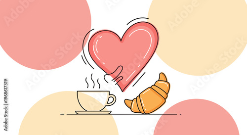 Heart Coffee Croissant Breakfast - Love Morning Meal Vector Art