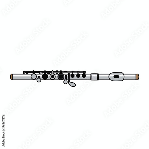 Stylized illustration of a silver concert flute with black and gray keys, on white