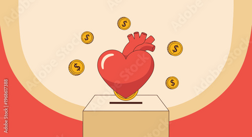 Heart Donation Box with Coins - Charity, Giving, Healthcare Concept