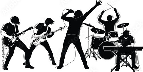 "Rock Band Performance Illustration: Guitarists, Drummer, Vocalist, and Keyboardist in Silhouette"