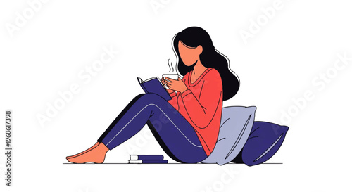 A woman enjoys a quiet moment reading a book and drinking coffee, a vector flat design illustration