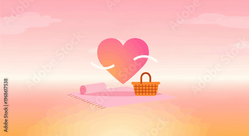 Heart Embracing Picnic Basket on Pink Blanket with Sunset Sky