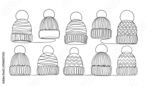 Minimalist continuous line knitted hat doodle set winter Christmas headwear vector illustration