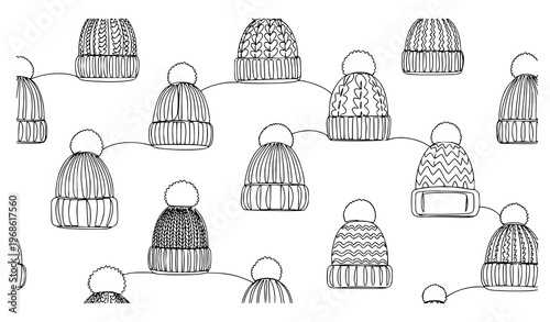 One line drawing winter knitted hats doodle icons beanie Christmas collection vector illustration