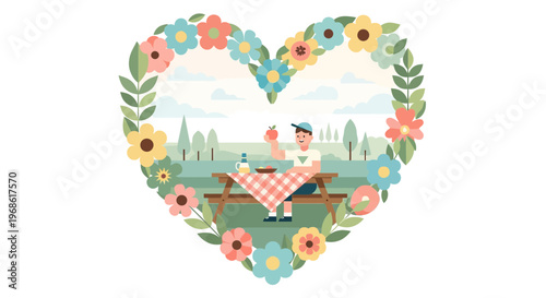 Heart Frame Picnic Scene with Man Eating Apple Outdoors
