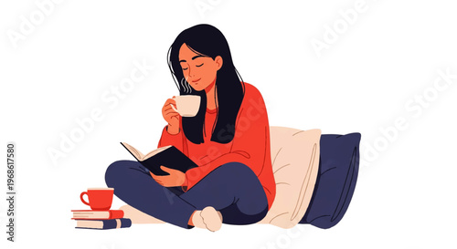 Vector flat design illustration of a young woman relaxing with a book and a cup of coffee, enjoying a peaceful moment