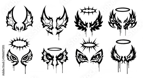 Urban Graffiti Halo and Dark Angel Set Vector Illustration Sheet in Black Ink Grunge Punk Street Art Style
