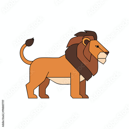 Stylized brown lion with a full mane stands sideways on a white background