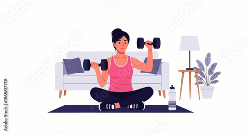 Vector flat design illustration of a woman doing a home workout with dumbbells, sitting on a yoga mat