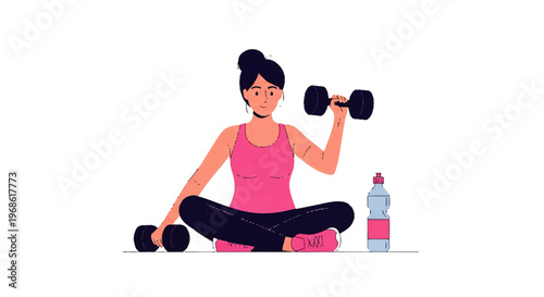 Vector flat design illustration of a woman sitting cross-legged with dumbbells, engaged in a fitness workout session