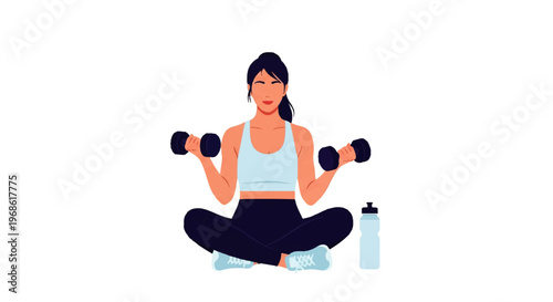 Vector flat design illustration of a woman sitting cross-legged with dumbbells, promoting a healthy lifestyle