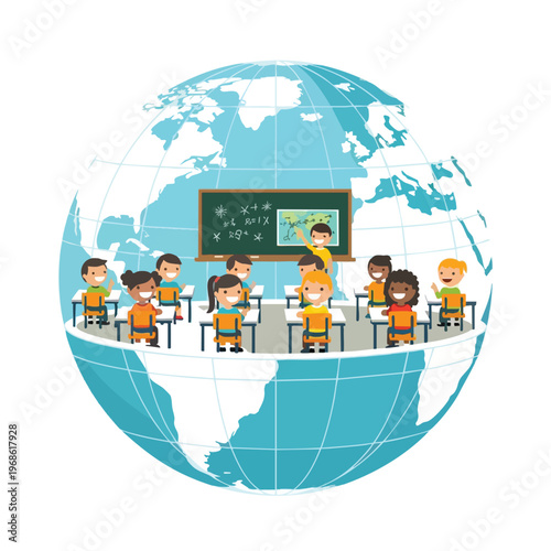 Diverse children learning globally within a classroom setting on a planet
