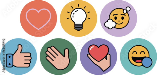 eactions emoji icon set, logo template, like love celebrate support, thinking lamp idea and inspiration, insightful and curious concept, modern vector, colorful blue green red orange purple eps