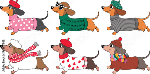 Cute dachshund dogs cartoon set in childlike style running jumping wearing sweaters hats glasses berets flat vector illustration
