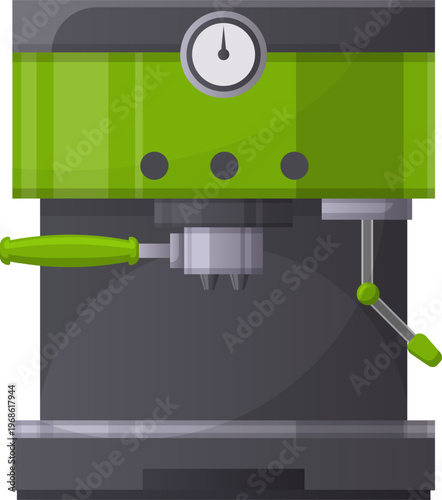 Green coffee maker preparing fresh hot espresso