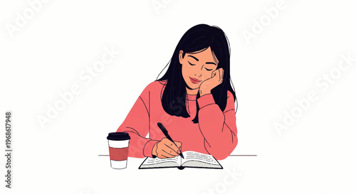 Vector flat design illustration of a young woman studying and writing in a notebook with a coffee cup nearby