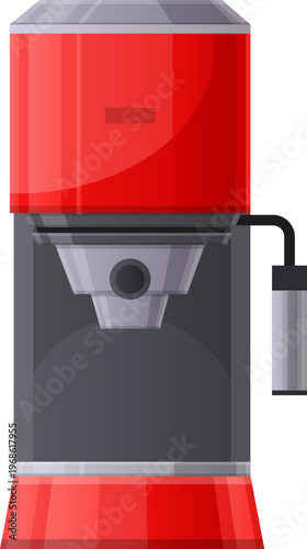 Red coffee machine producing hot espresso drink