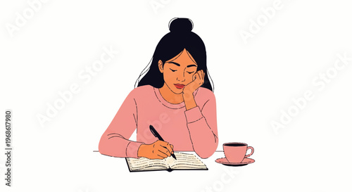 Vector flat design illustration of a young woman writing in a journal with a cup of coffee, peaceful morning routine