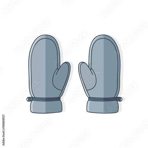 Two gray mittens with strap and loop detail are shown against a white background