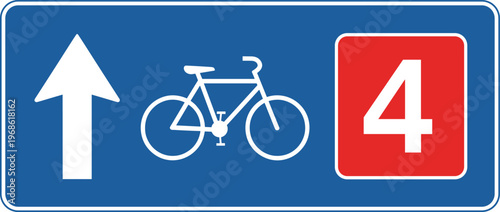 Bicycle Route Sign with Forward Arrow and Route Number 4 in Blue and Red for Cycling Navigation, Road Guidance, and Transport Signage Design