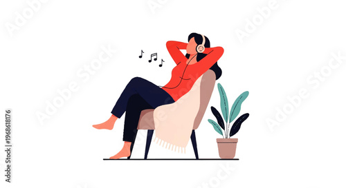 Vector flat design illustration of a woman relaxing in a chair listening to music with headphones, enjoying peaceful