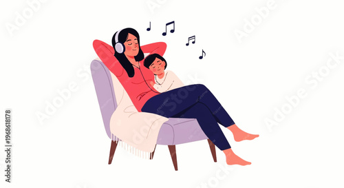Vector flat design illustration of a mother and child relaxing in a chair listening to music with headphones