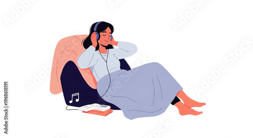 Vector flat design illustration of a young woman relaxing while listening to music on headphones in a comfortable chair