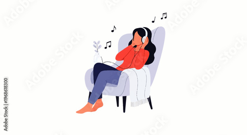 Vector flat design illustration of a woman relaxing in a chair listening to music with headphones, enjoying peaceful