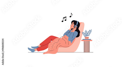 Vector flat design illustration of a woman relaxing on a chair listening to music with headphones, enjoying a peaceful