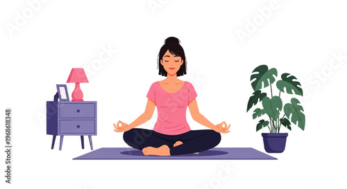 Vector flat design illustration of a woman meditating peacefully in a lotus pose at home, promoting wellness and calm