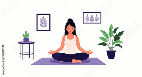 Vector flat design illustration of a woman meditating peacefully in a serene room with plants and artwork