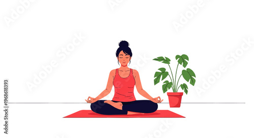 Vector flat design illustration of a woman meditating peacefully in a lotus pose on a yoga mat with a houseplant nearby