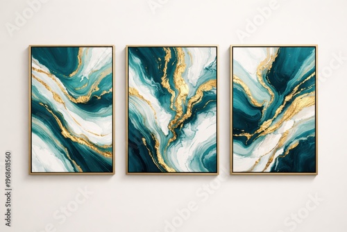 Abstract Art in Triptych: Luxurious artistic wall decor showcases a triptych of abstract art, featuring mesmerizing swirls of teal, gold, and white hues, mounted within elegant gold frames. 