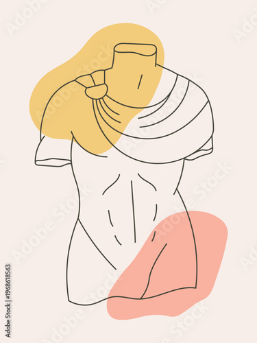 Classical male torso line drawing with abstract shapes