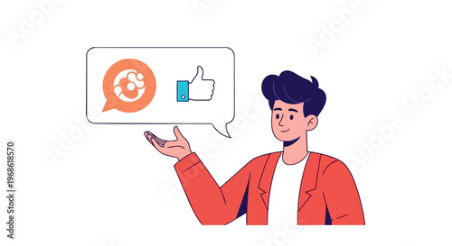 Young man presenting social media feedback and positive engagement concept illustration