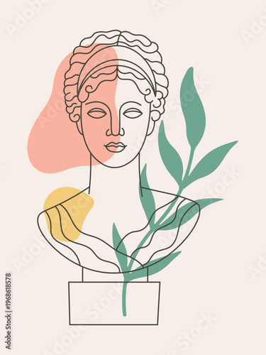 Ancient greek bust with modern botanical line illustration