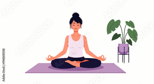 Vector flat design illustration of a woman meditating peacefully in a lotus pose on a yoga mat, embodying wellness