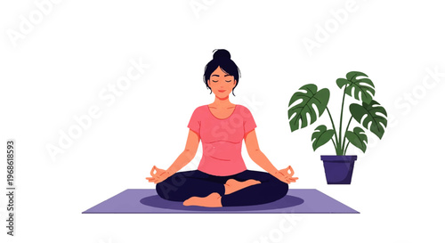 Vector flat design illustration of a woman meditating peacefully in a lotus pose next to a potted plant