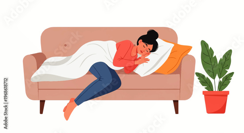 Vector flat design illustration of a woman sleeping peacefully on a comfortable sofa covered with a blanket, feeling