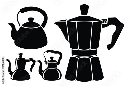 Black silhouettes of various coffee and tea kettles