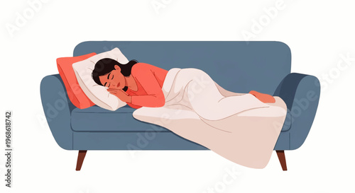 Vector flat design illustration of a woman peacefully sleeping on a comfortable blue sofa covered with a white blanket