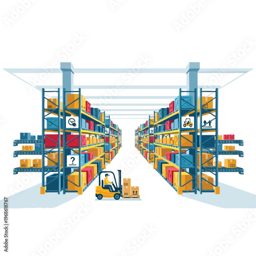 Warehouse interior with aisles of shelves stacked with boxes and a forklift