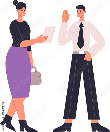 Man refusing document from woman offering paper